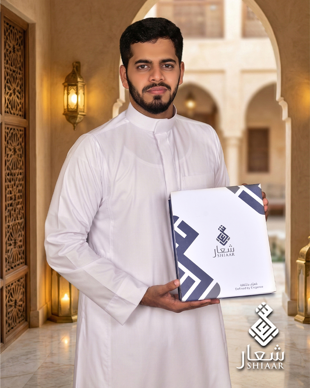 SHIAAR white thobe and branded presentation box