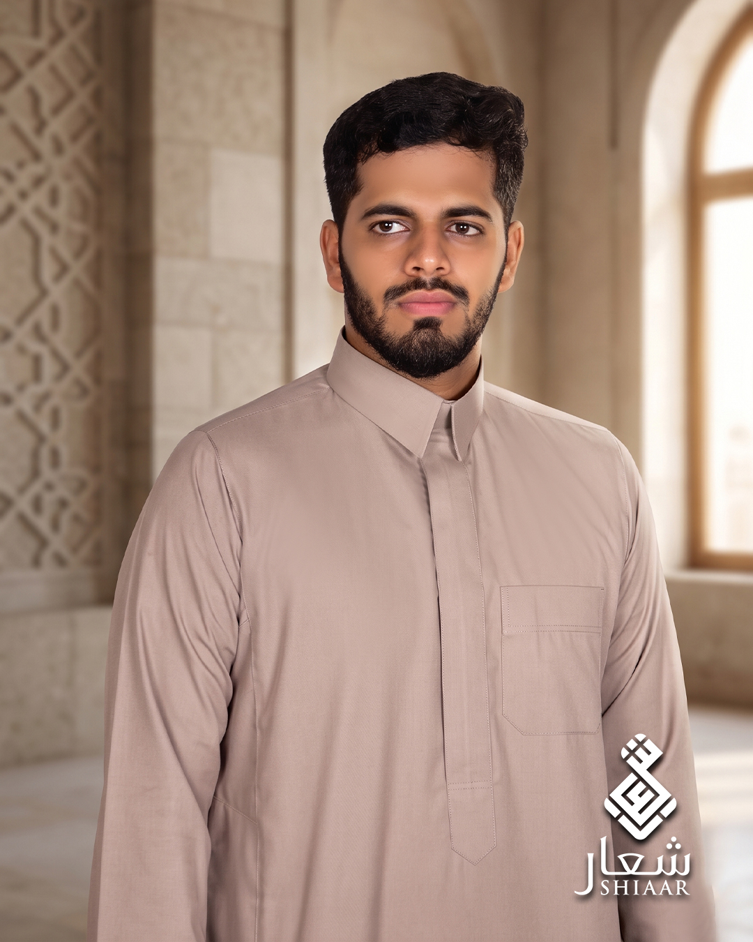 SHIAAR men's beige thobe with pointed collar