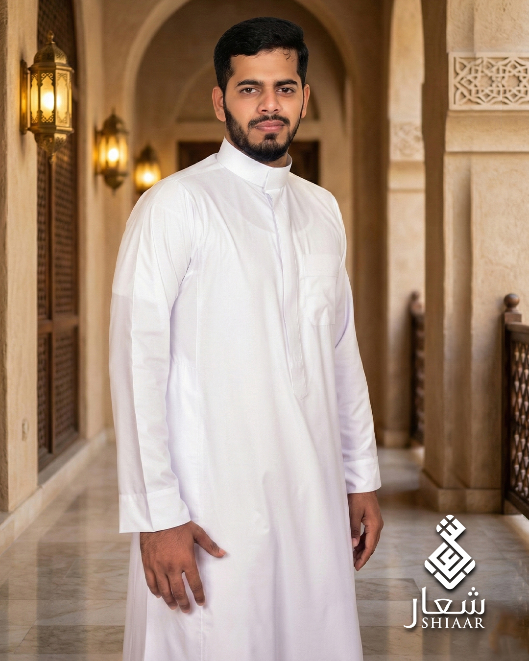 Man wearing a SHIAAR white Saudi thobe